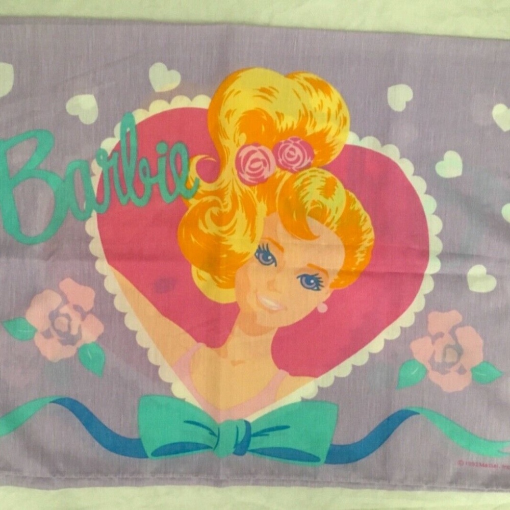 Vintage Mattel Barbie Pillow Case 1992 Pink Purple Hearts Double Sided